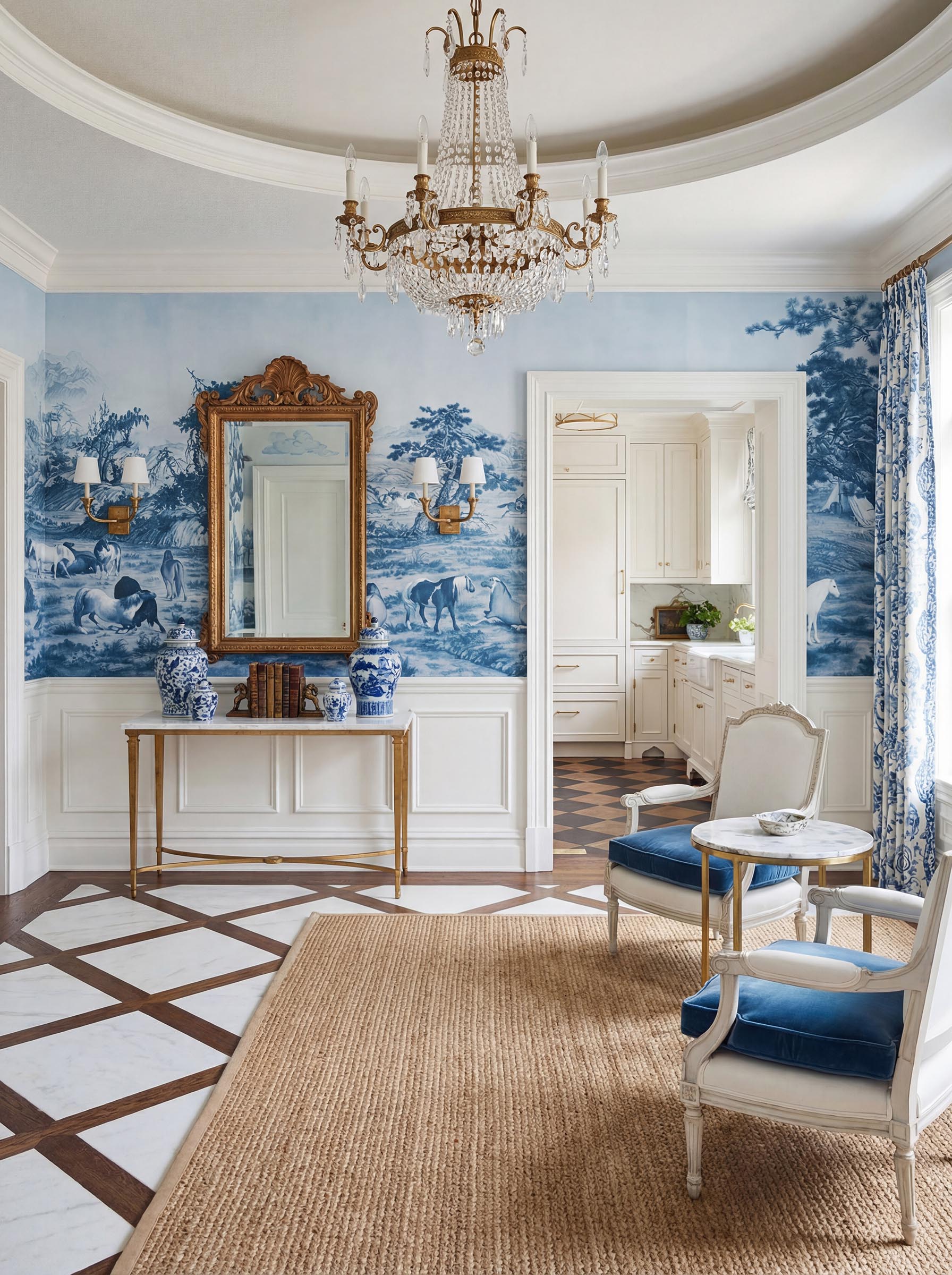 Musee | Imperial Pastures Wall Mural Musee custom wall mural featuring a high-definition restoration of the classical Qing Dynasty painting One Hundred Horses by Giuseppe Castiglione, showing horses in a serene landscape.