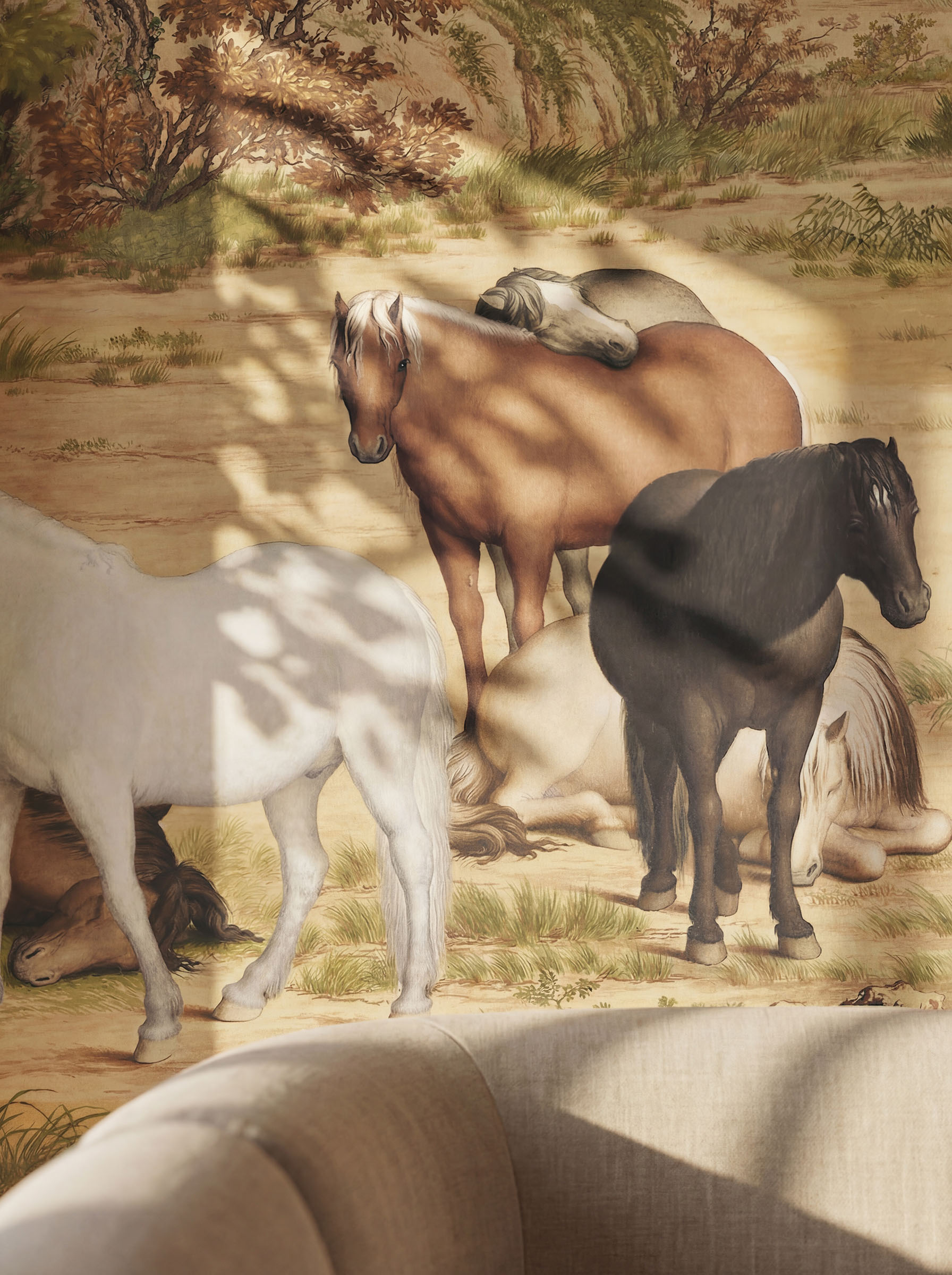 Musee | Imperial Pastures Wall Mural Musee custom wall mural featuring a high-definition restoration of the classical Qing Dynasty painting One Hundred Horses by Giuseppe Castiglione, showing horses in a serene landscape.