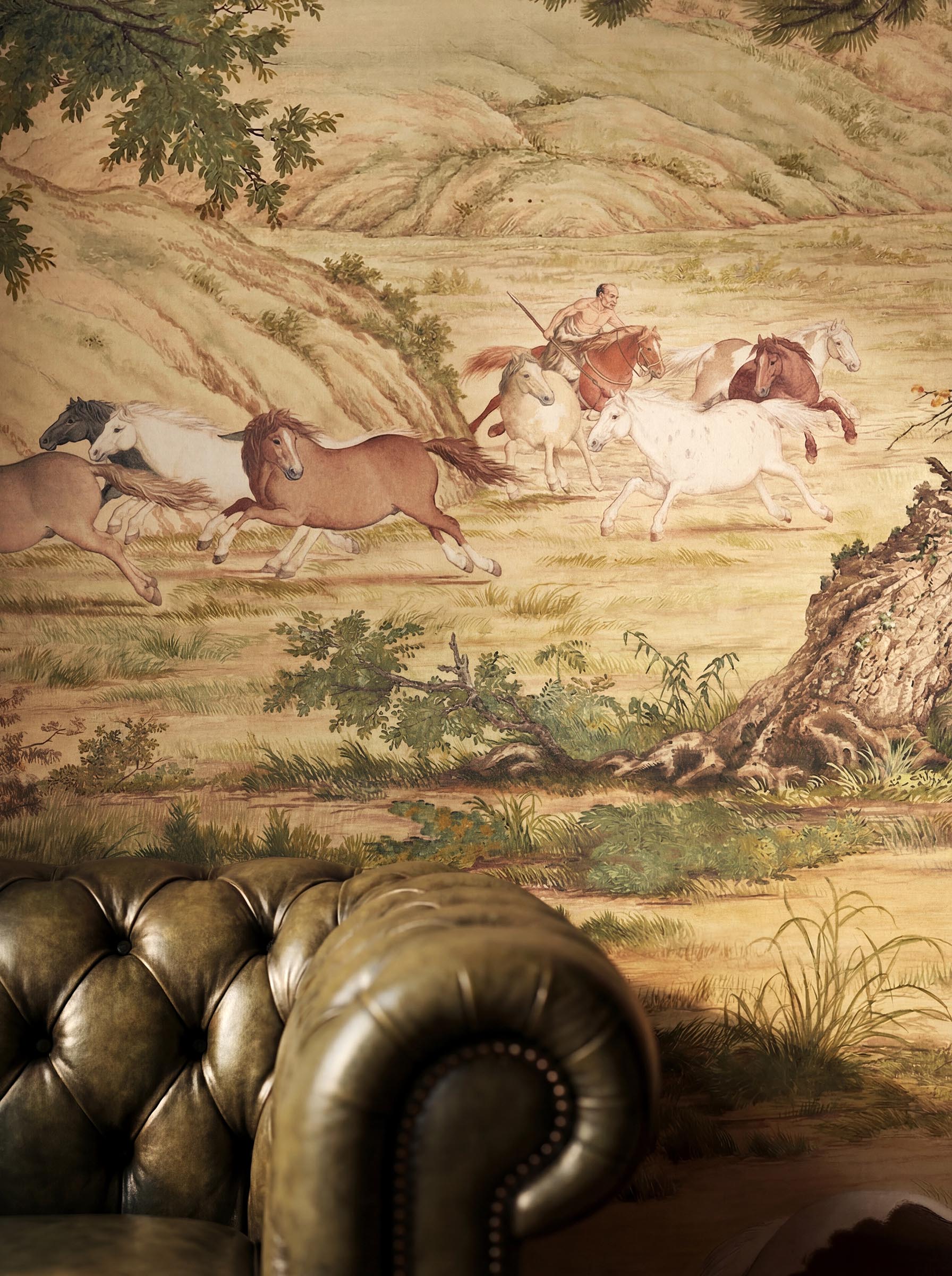 Musee | Imperial Pastures Wall Mural Musee custom wall mural featuring a high-definition restoration of the classical Qing Dynasty painting One Hundred Horses by Giuseppe Castiglione, showing horses in a serene landscape.