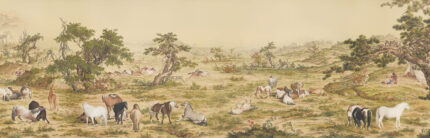 Musee custom wall mural featuring a high-definition restoration of the classical Qing Dynasty painting One Hundred Horses by Giuseppe Castiglione, showing horses in a serene landscape.