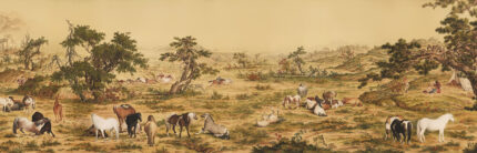 Musee custom wall mural featuring a high-definition restoration of the classical Qing Dynasty painting One Hundred Horses by Giuseppe Castiglione, showing horses in a serene landscape.