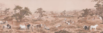 Musee custom wall mural featuring a high-definition restoration of the classical Qing Dynasty painting One Hundred Horses by Giuseppe Castiglione, showing horses in a serene landscape.