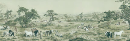 Musee custom wall mural featuring a high-definition restoration of the classical Qing Dynasty painting One Hundred Horses by Giuseppe Castiglione, showing horses in a serene landscape.