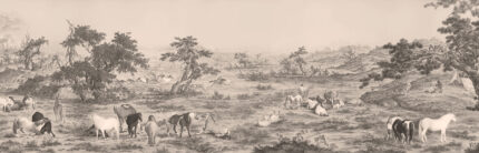 Musee custom wall mural featuring a high-definition restoration of the classical Qing Dynasty painting One Hundred Horses by Giuseppe Castiglione, showing horses in a serene landscape.