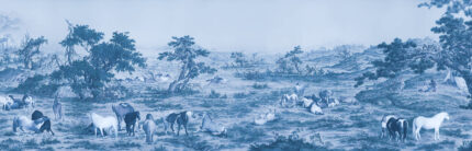 Musee custom wall mural featuring a high-definition restoration of the classical Qing Dynasty painting One Hundred Horses by Giuseppe Castiglione, showing horses in a serene landscape.