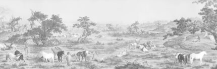 Musee custom wall mural featuring a high-definition restoration of the classical Qing Dynasty painting One Hundred Horses by Giuseppe Castiglione, showing horses in a serene landscape.