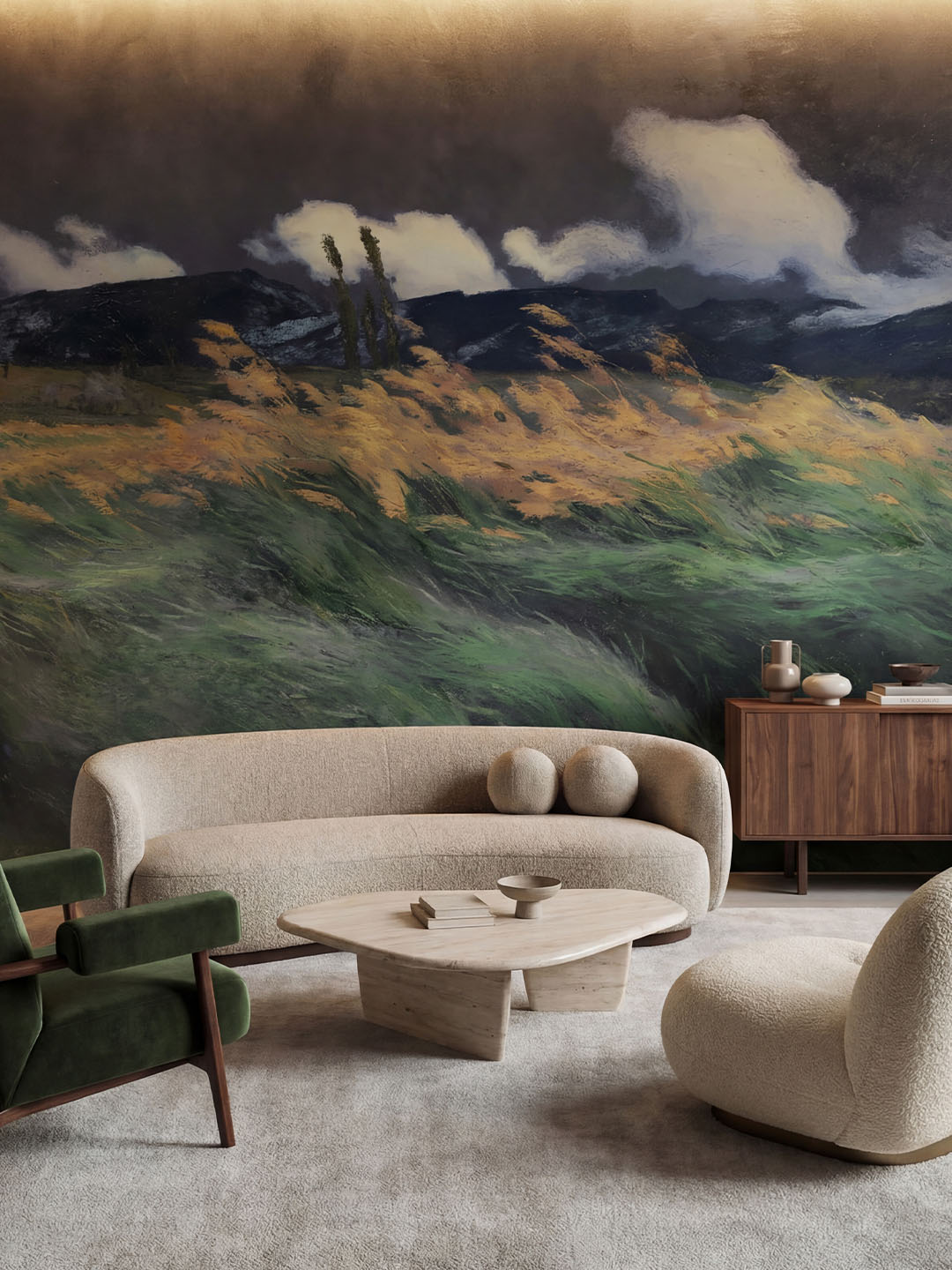 C065 产品主图 Musee custom wall mural featuring a high-definition restoration of a landscape painting by Louis Patru, showing tall grass blowing in the wind under a moody sky.