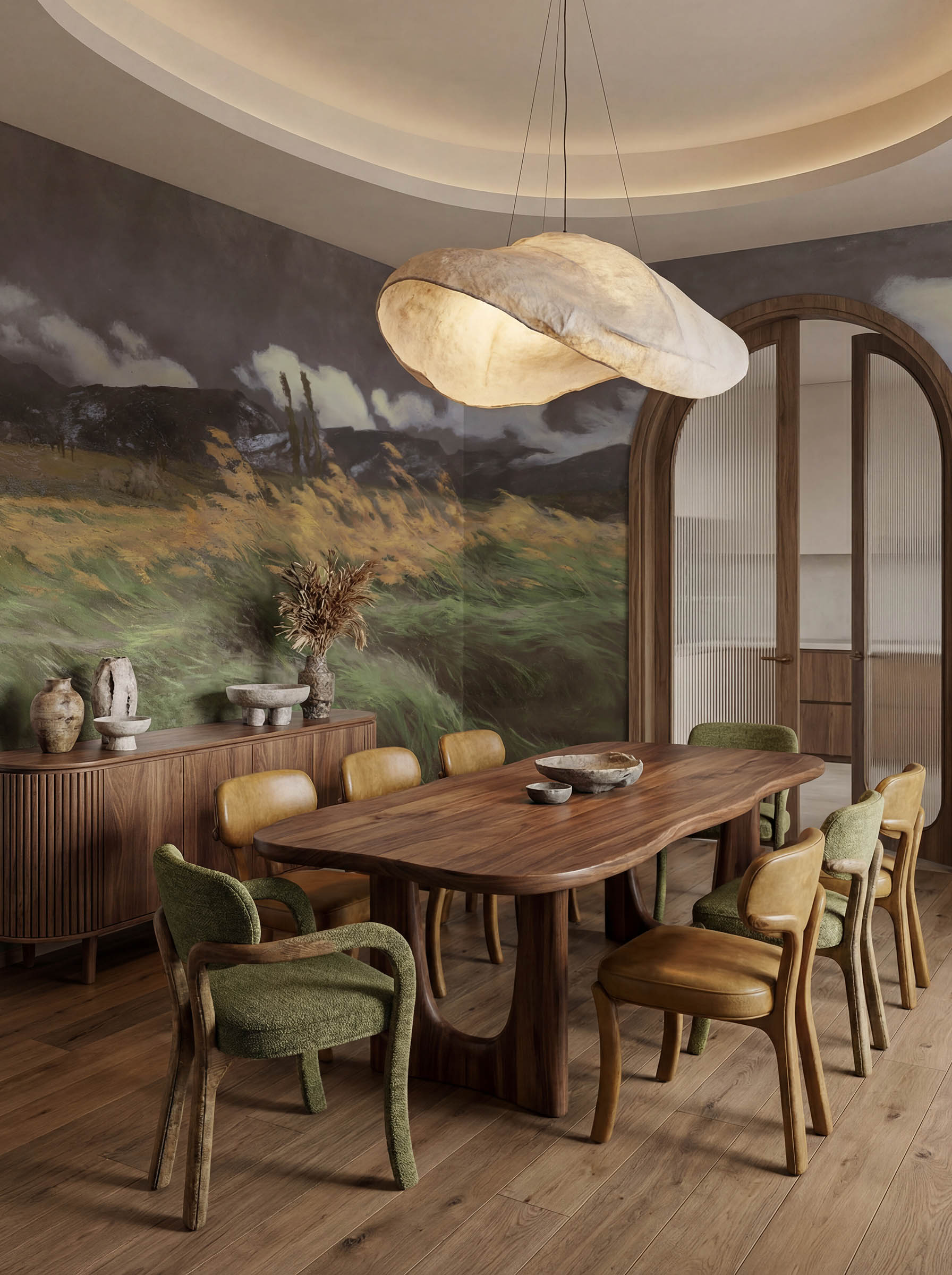 Musee | Windswept Meadow Wall Mural Musee custom wall mural featuring a high-definition restoration of a landscape painting by Louis Patru, showing tall grass blowing in the wind under a moody sky.