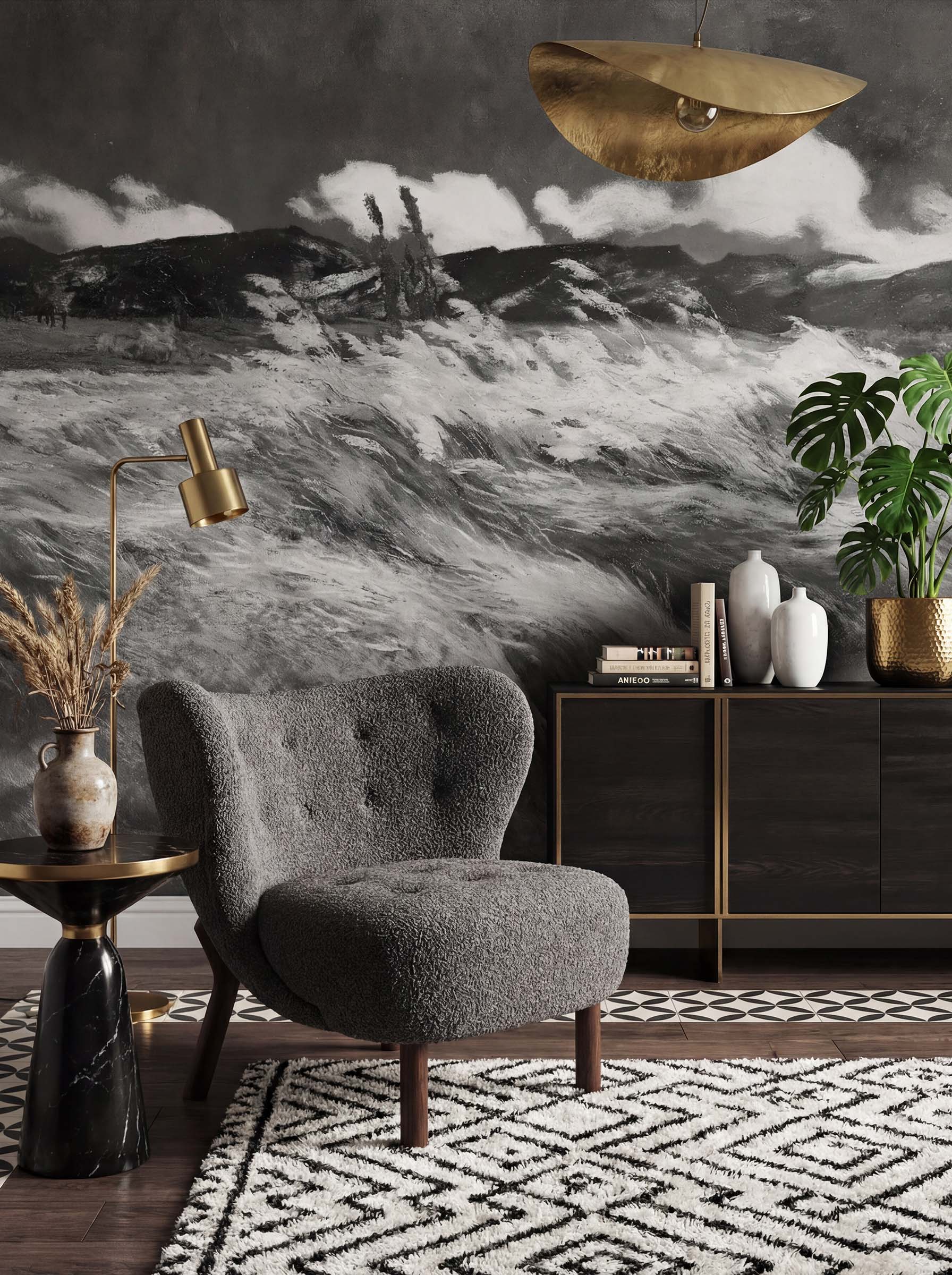 Musee | Windswept Meadow Wall Mural Musee custom wall mural featuring a high-definition restoration of a landscape painting by Louis Patru, showing tall grass blowing in the wind under a moody sky.