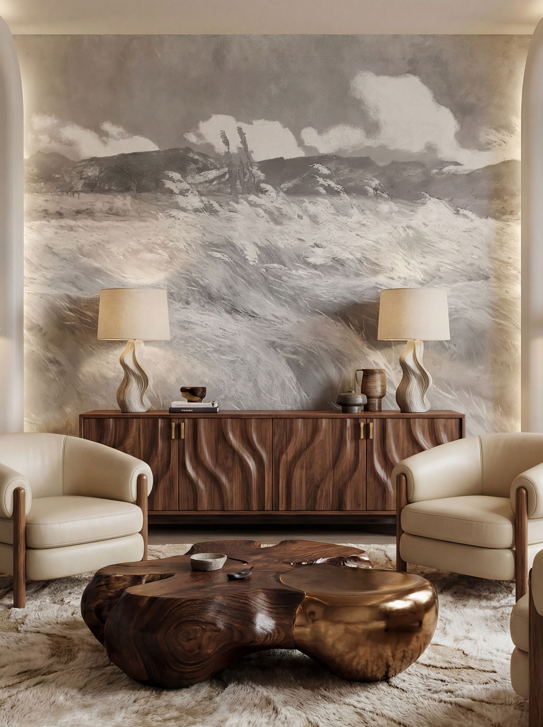 Musee | Windswept Meadow Wall Mural Musee custom wall mural featuring a high-definition restoration of a landscape painting by Louis Patru, showing tall grass blowing in the wind under a moody sky.