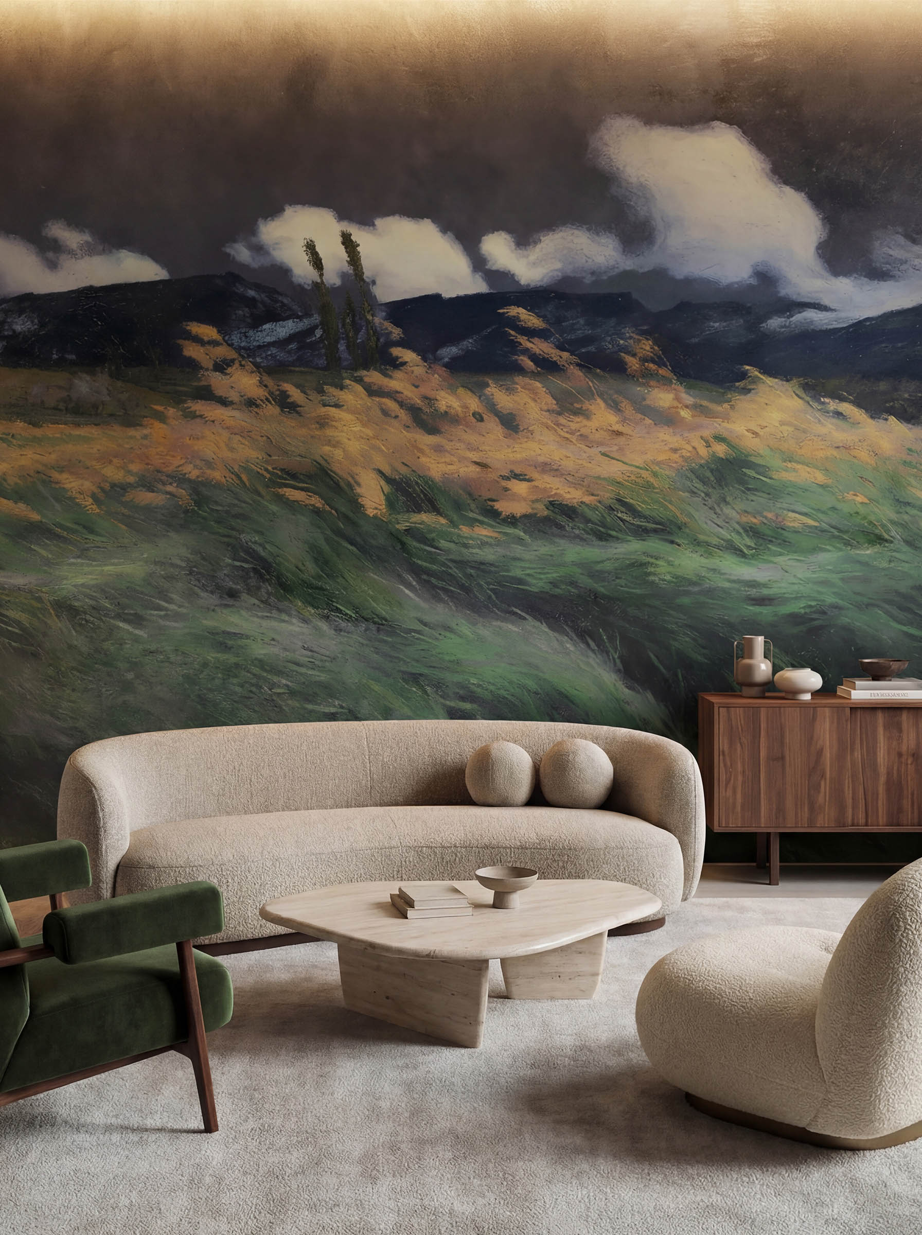 Musee | Windswept Meadow Wall Mural Musee custom wall mural featuring a high-definition restoration of a landscape painting by Louis Patru, showing tall grass blowing in the wind under a moody sky.