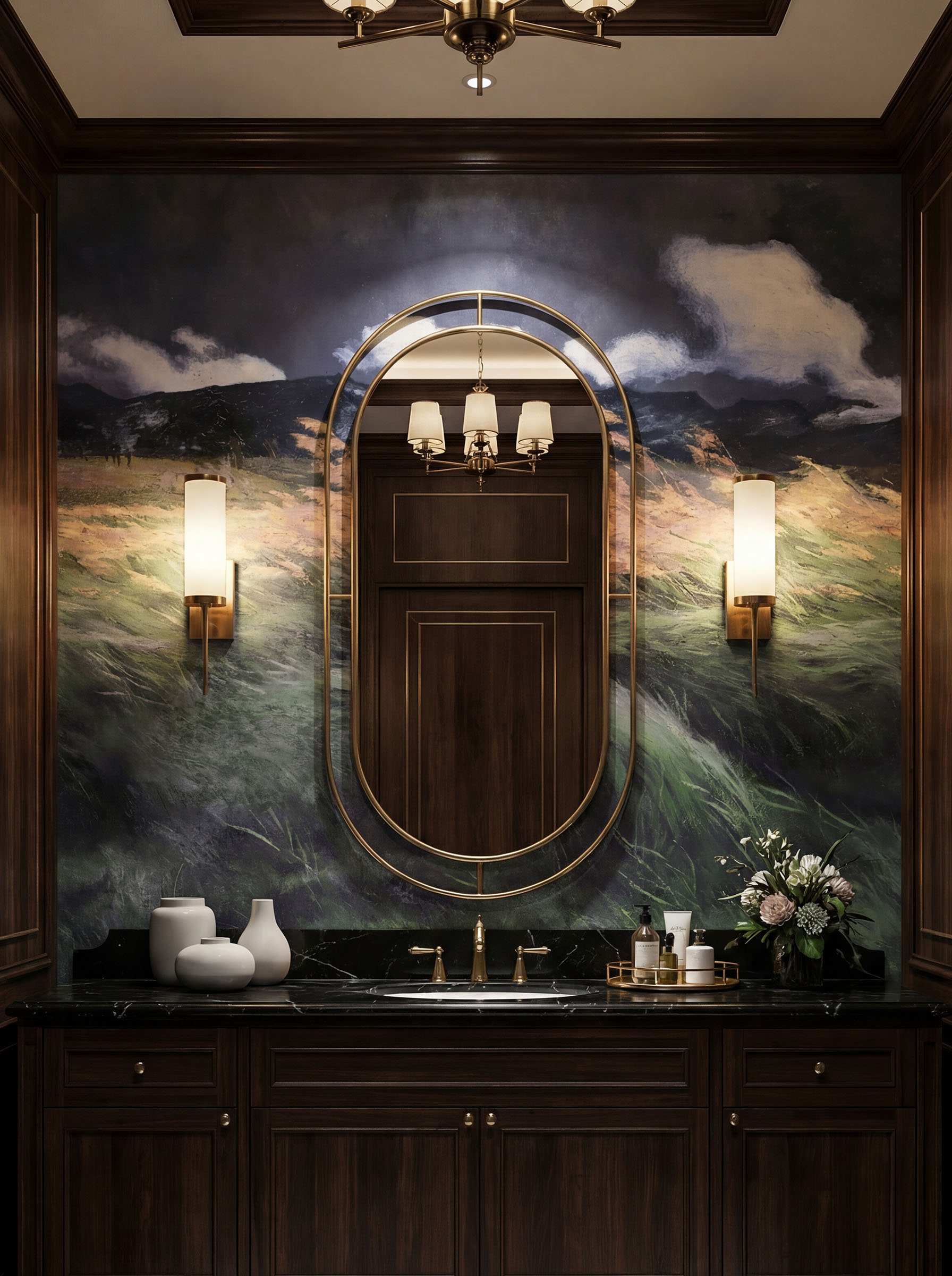 Musee | Windswept Meadow Wall Mural Musee custom wall mural featuring a high-definition restoration of a landscape painting by Louis Patru, showing tall grass blowing in the wind under a moody sky.