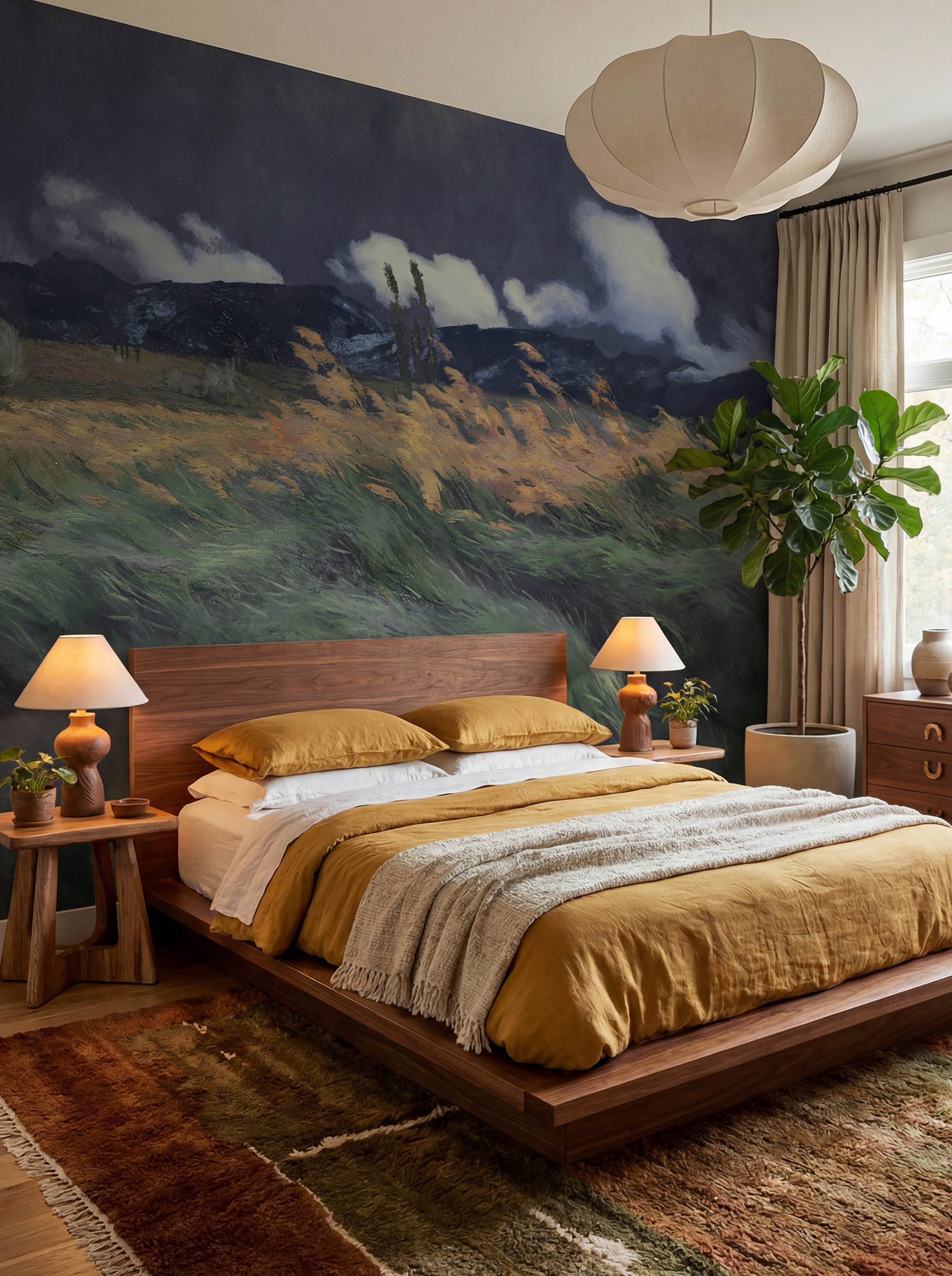 Musee | Windswept Meadow Wall Mural Musee custom wall mural featuring a high-definition restoration of a landscape painting by Louis Patru, showing tall grass blowing in the wind under a moody sky.