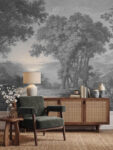 Musee custom wall mural featuring a high-definition restoration of a classic monochromatic landscape engraving by Wilhelm Friedrich Gmelin, showing large trees and a distant lake.
