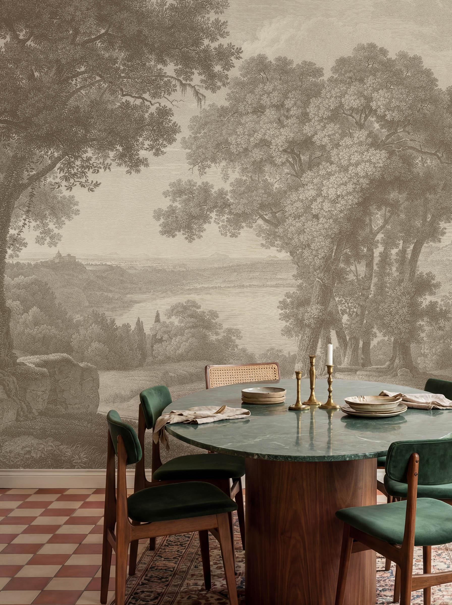 Musee | Heritage Grove Wall Mural Musee custom wall mural featuring a high-definition restoration of a classic monochromatic landscape engraving by Wilhelm Friedrich Gmelin, showing large trees and a distant lake.