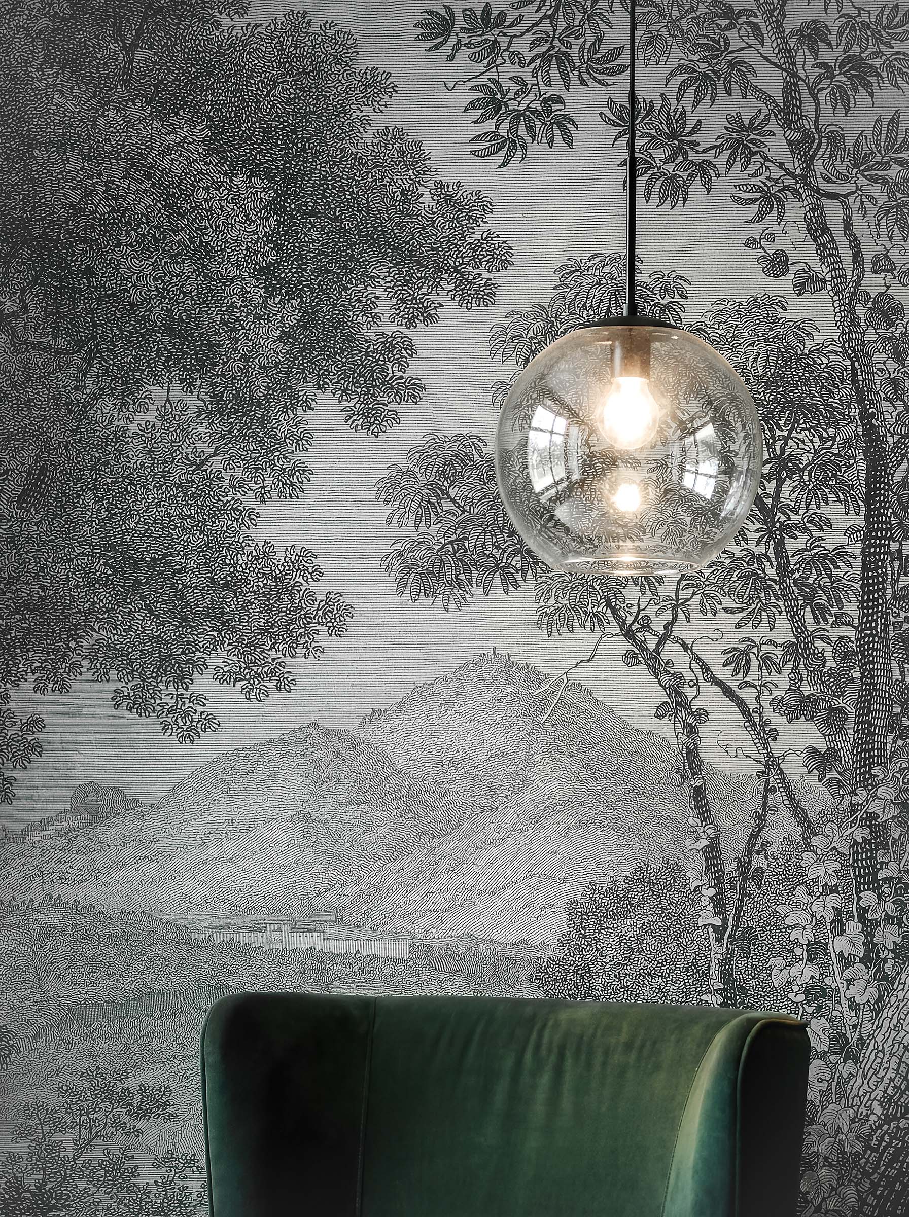 Musee | Heritage Grove Wall Mural Musee custom wall mural featuring a high-definition restoration of a classic monochromatic landscape engraving by Wilhelm Friedrich Gmelin, showing large trees and a distant lake.