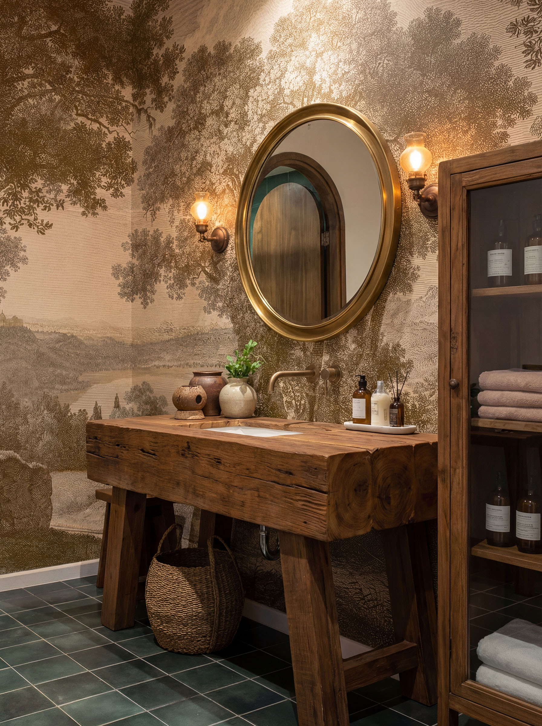 Musee | Heritage Grove Wall Mural Musee custom wall mural featuring a high-definition restoration of a classic monochromatic landscape engraving by Wilhelm Friedrich Gmelin, showing large trees and a distant lake.