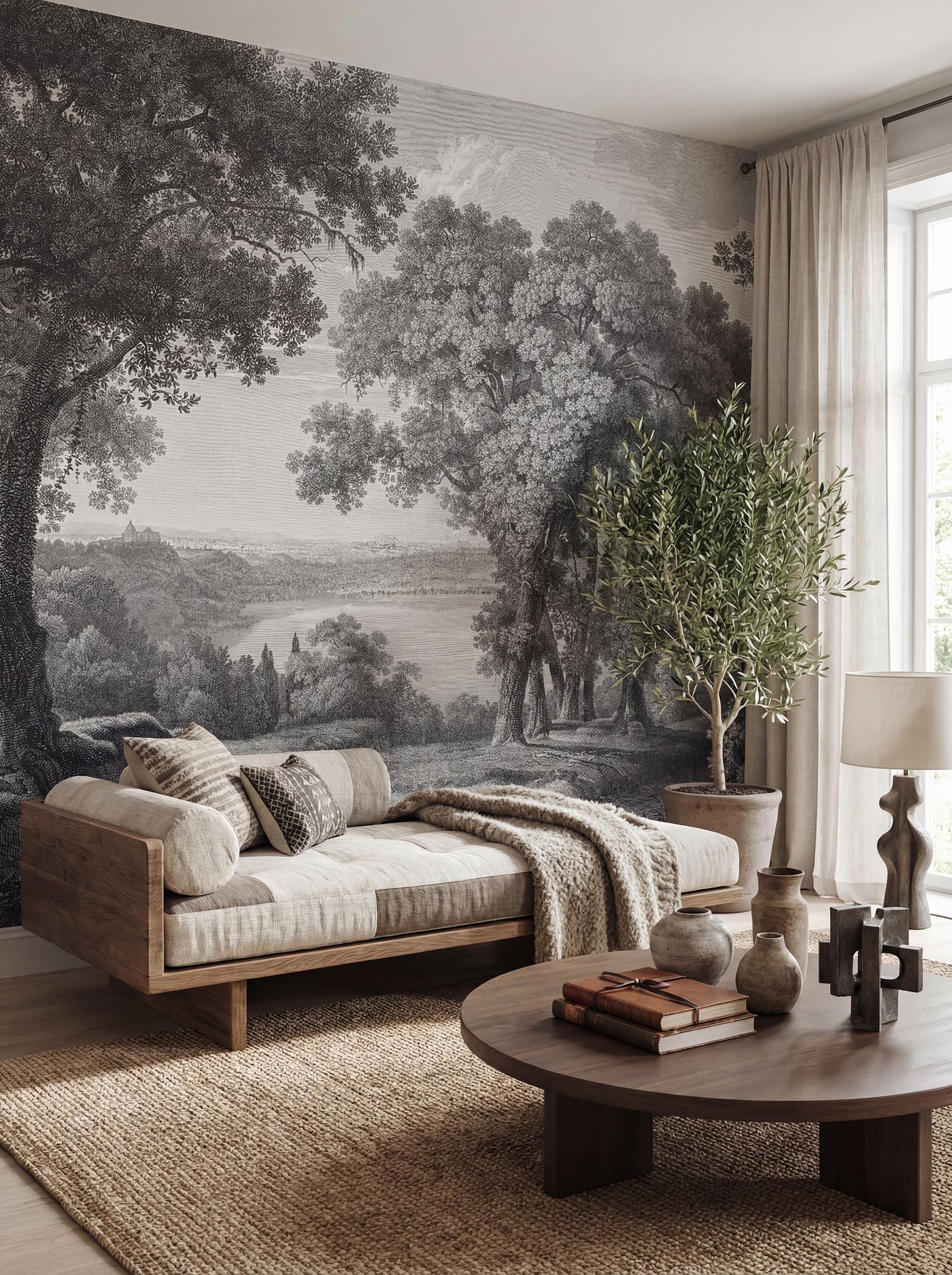 Musee | Heritage Grove Wall Mural Musee custom wall mural featuring a high-definition restoration of a classic monochromatic landscape engraving by Wilhelm Friedrich Gmelin, showing large trees and a distant lake.