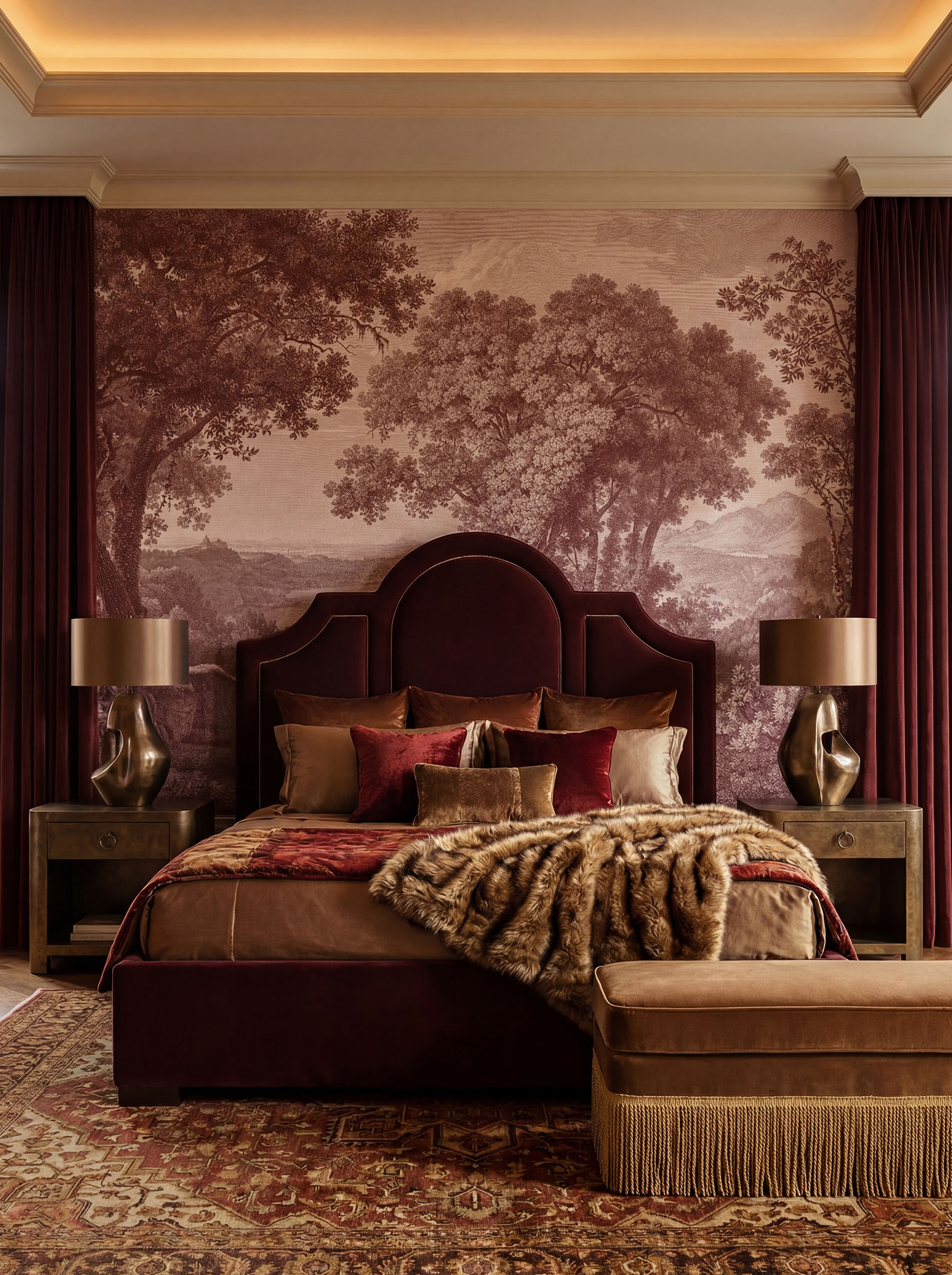 Musee | Heritage Grove Wall Mural Musee custom wall mural featuring a high-definition restoration of a classic monochromatic landscape engraving by Wilhelm Friedrich Gmelin, showing large trees and a distant lake.