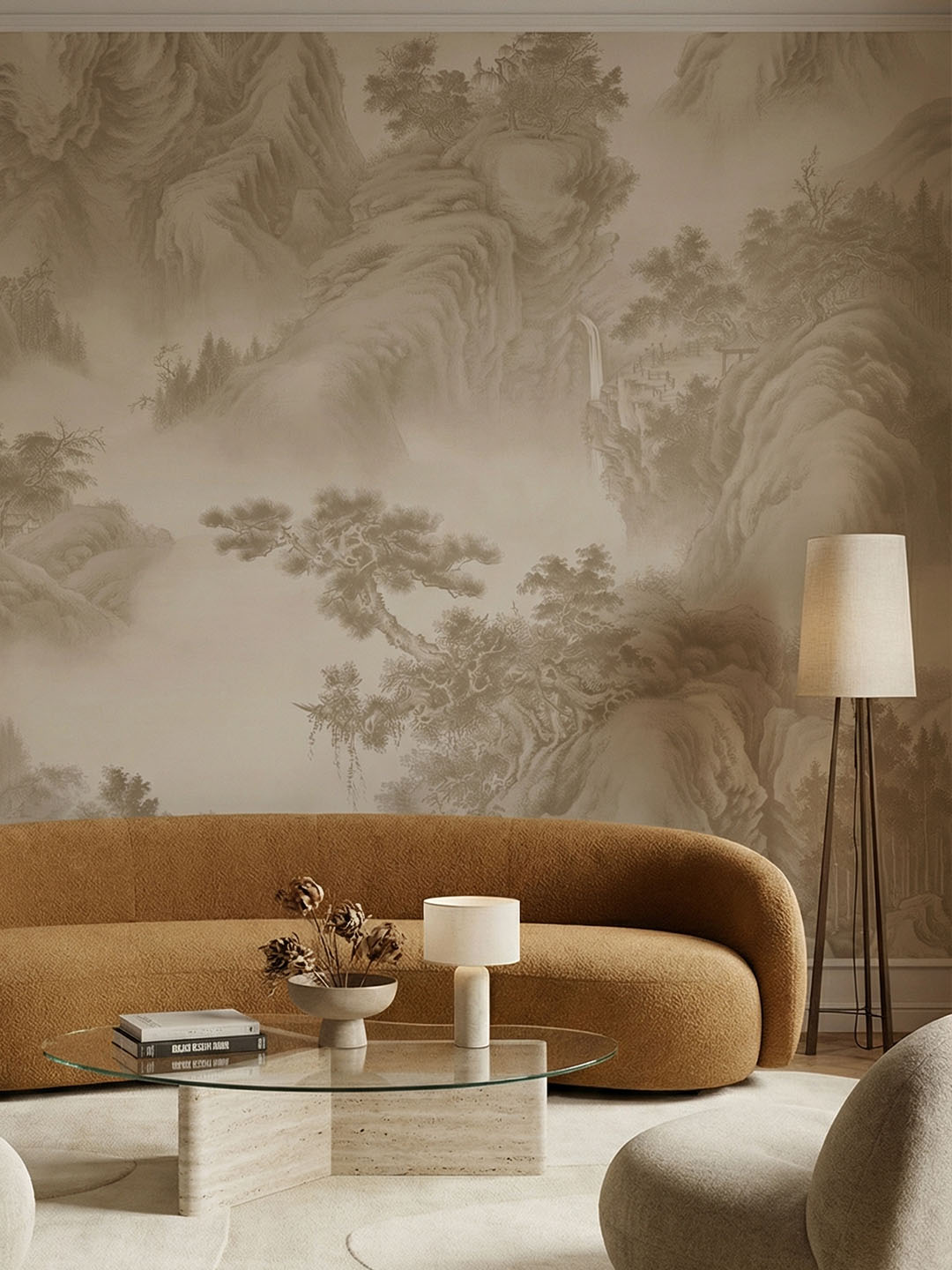 Z017 产品主图 Musee custom wall mural featuring a high-definition restoration of a classical Qing Dynasty landscape painting by Giuseppe Castiglione, showing majestic mountains, pine trees, and mist.