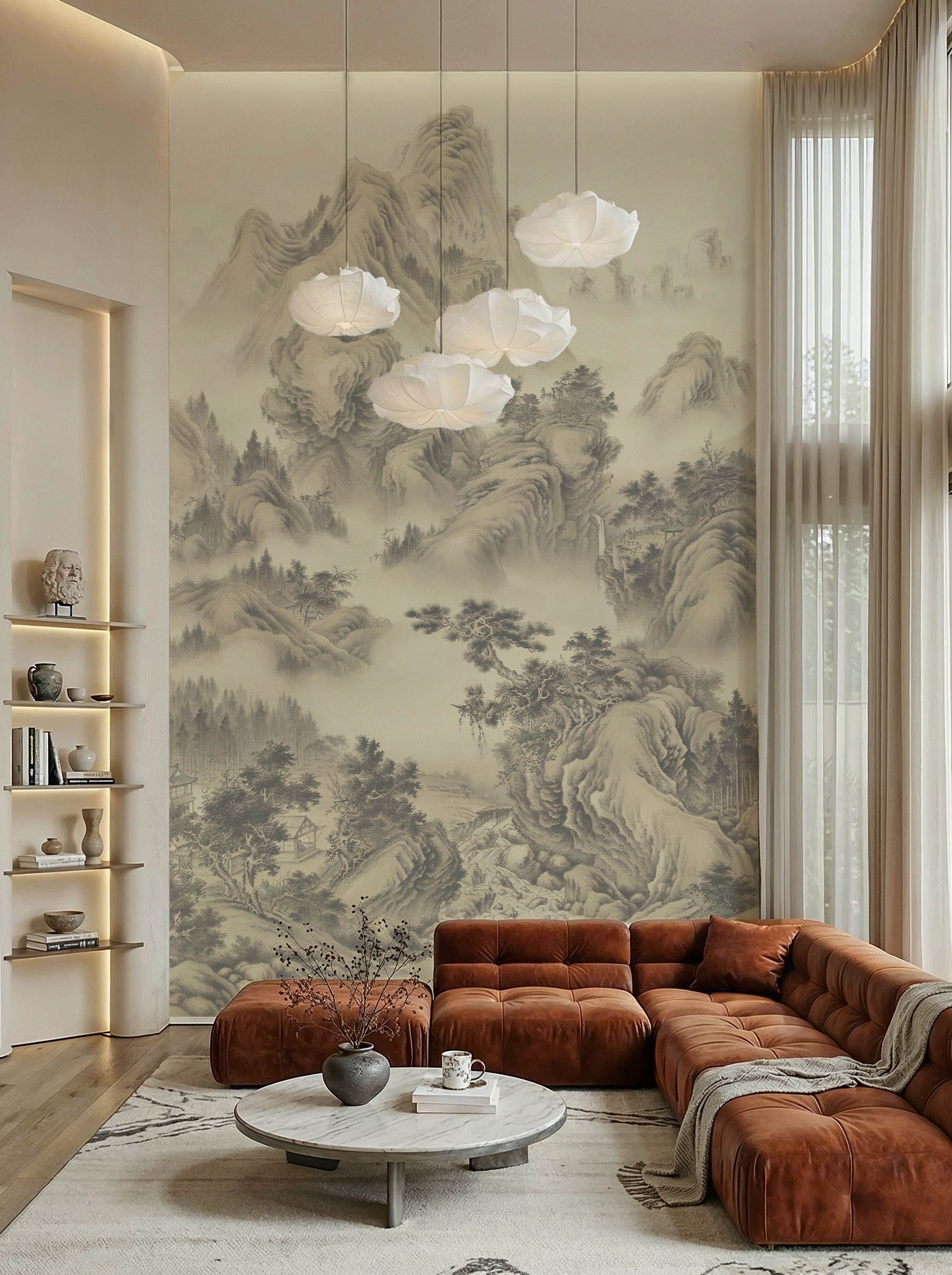 Musee | Misty Peaks Wall Mural Musee custom wall mural featuring a high-definition restoration of a classical Qing Dynasty landscape painting by Giuseppe Castiglione, showing majestic mountains, pine trees, and mist.