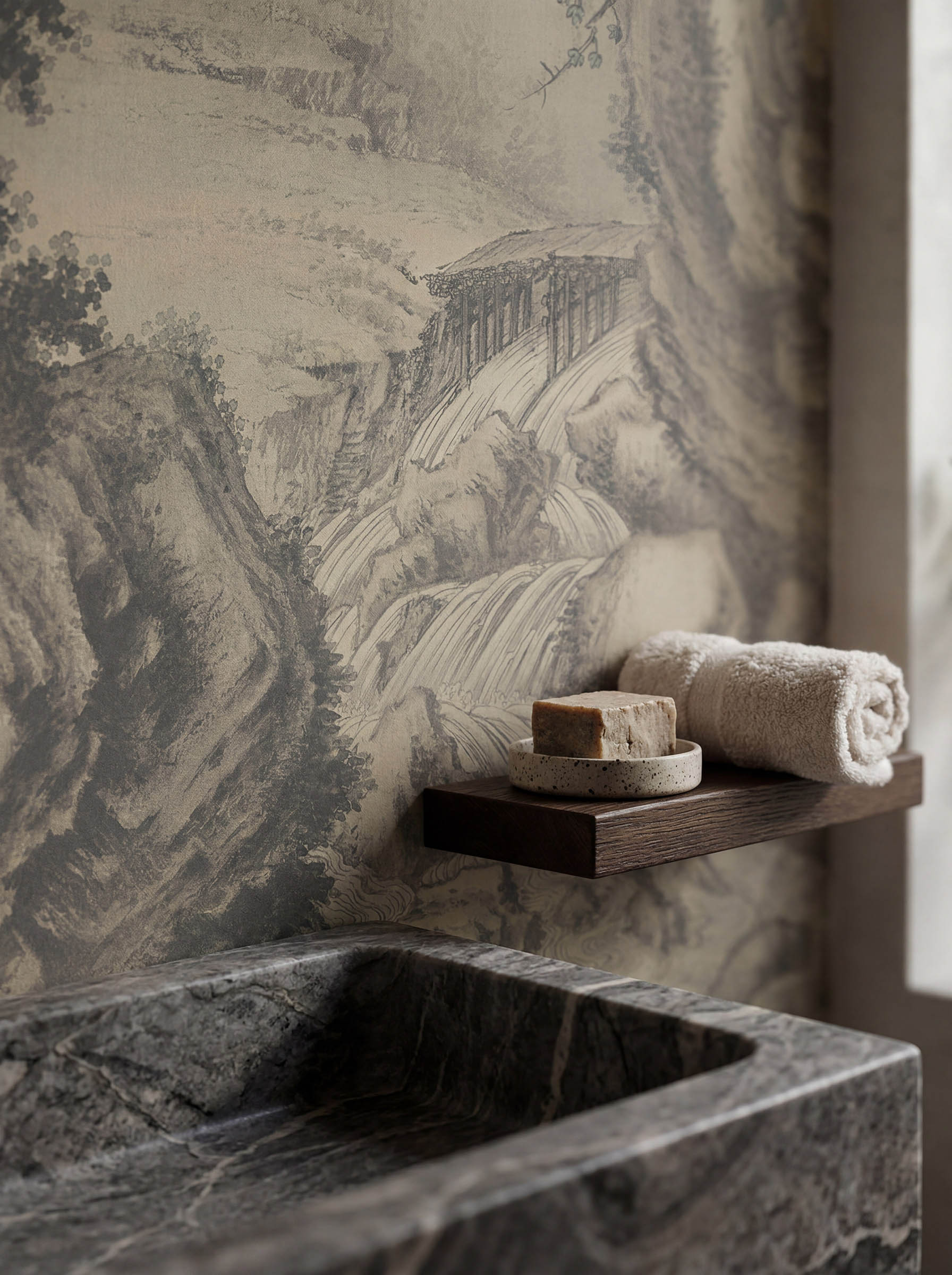 Musee | Misty Peaks Wall Mural Musee custom wall mural featuring a high-definition restoration of a classical Qing Dynasty landscape painting by Giuseppe Castiglione, showing majestic mountains, pine trees, and mist.