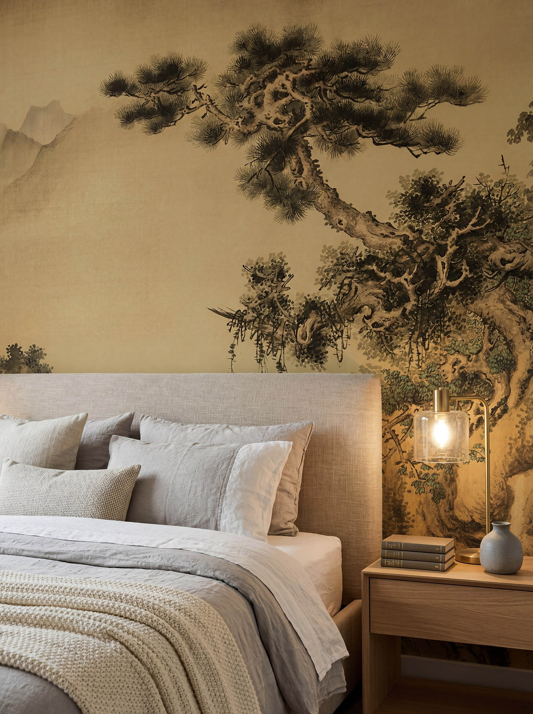 Musee | Misty Peaks Wall Mural Musee custom wall mural featuring a high-definition restoration of a classical Qing Dynasty landscape painting by Giuseppe Castiglione, showing majestic mountains, pine trees, and mist.