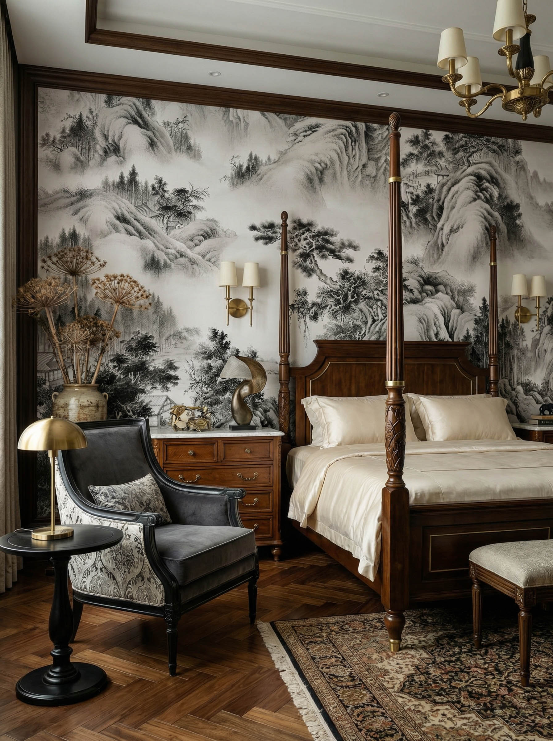 Musee | Misty Peaks Wall Mural Musee custom wall mural featuring a high-definition restoration of a classical Qing Dynasty landscape painting by Giuseppe Castiglione, showing majestic mountains, pine trees, and mist.