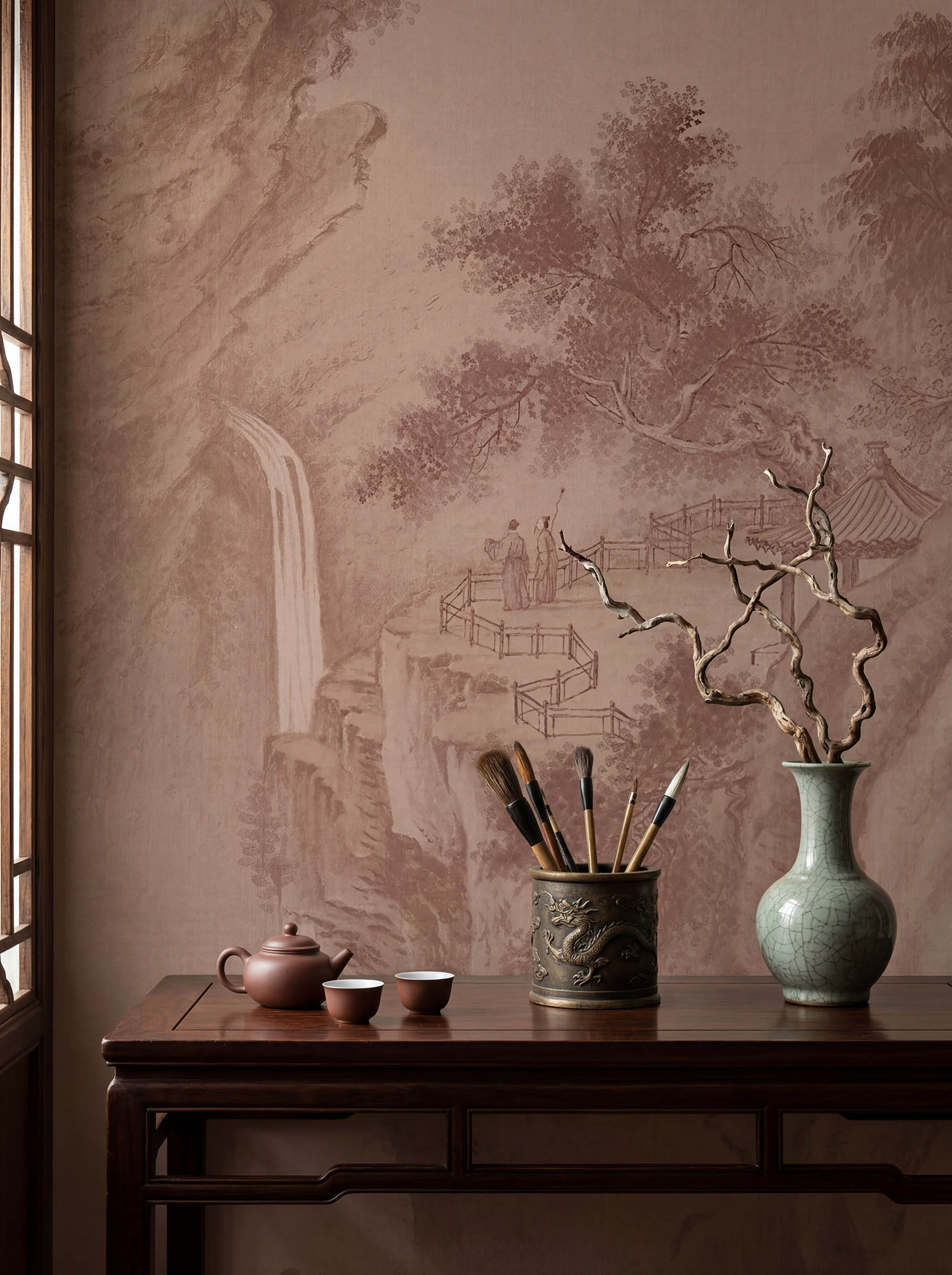 Musee | Misty Peaks Wall Mural Musee custom wall mural featuring a high-definition restoration of a classical Qing Dynasty landscape painting by Giuseppe Castiglione, showing majestic mountains, pine trees, and mist.