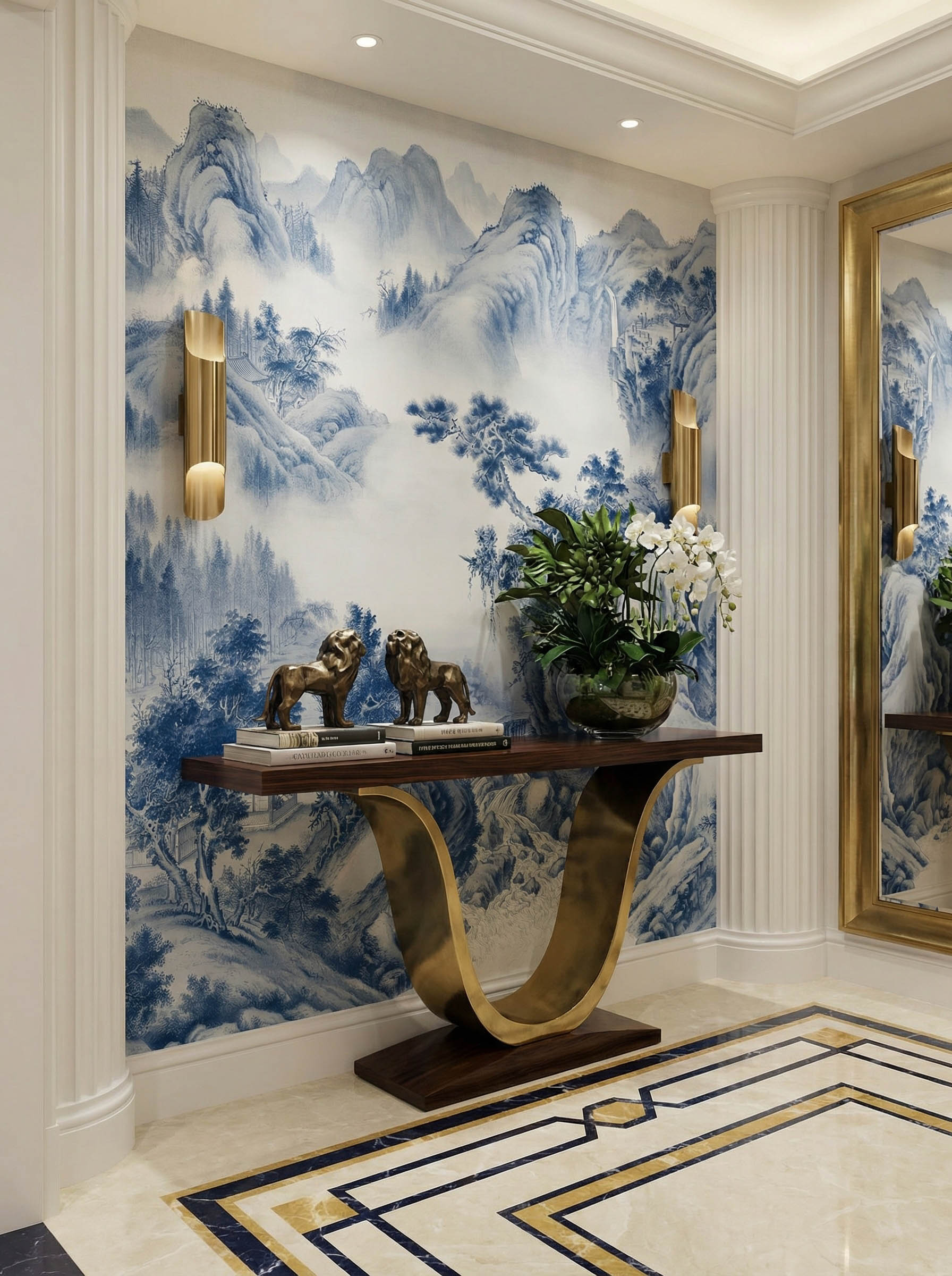 Musee | Misty Peaks Wall Mural Musee custom wall mural featuring a high-definition restoration of a classical Qing Dynasty landscape painting by Giuseppe Castiglione, showing majestic mountains, pine trees, and mist.