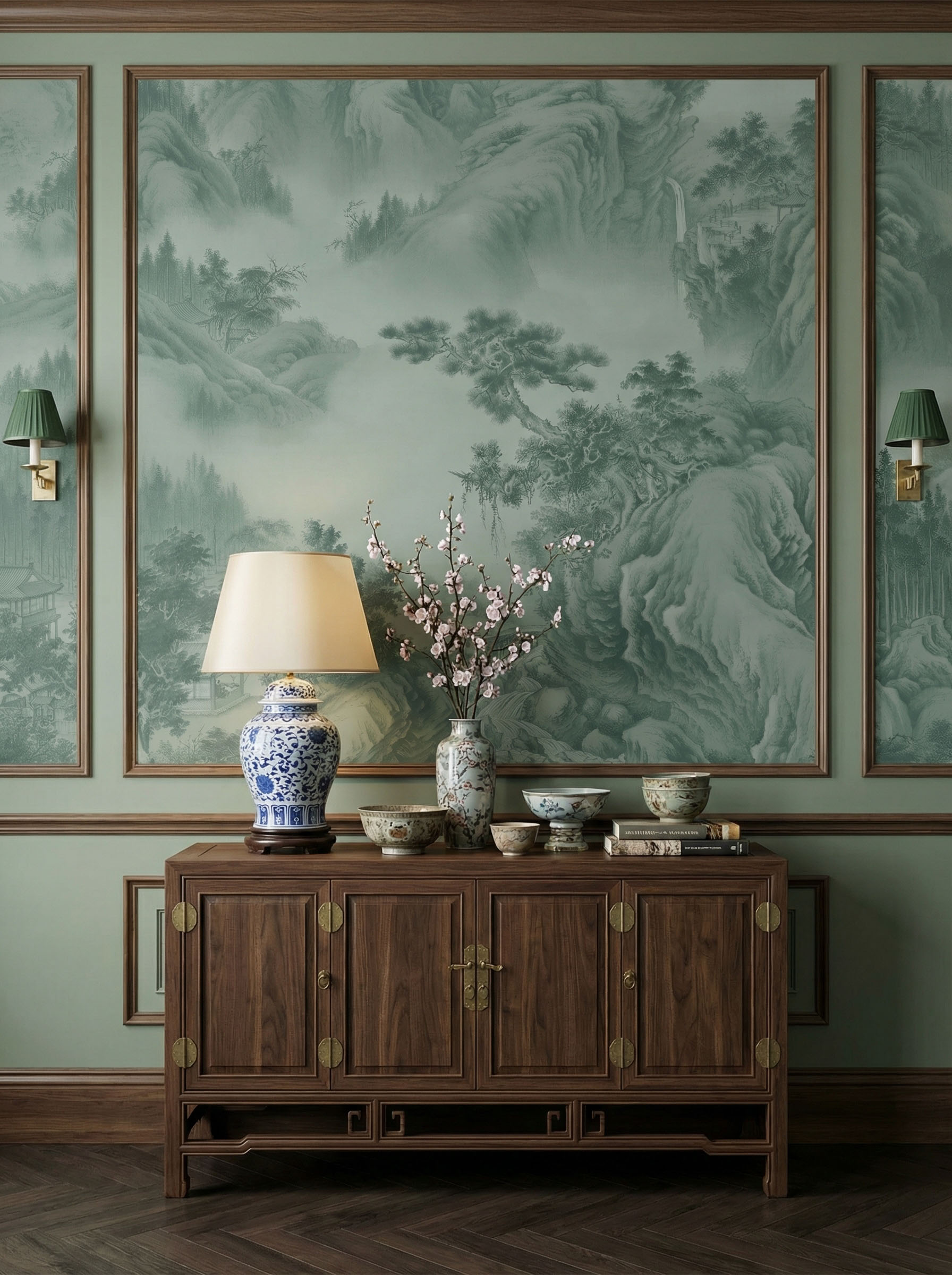 Musee | Misty Peaks Wall Mural Musee custom wall mural featuring a high-definition restoration of a classical Qing Dynasty landscape painting by Giuseppe Castiglione, showing majestic mountains, pine trees, and mist.
