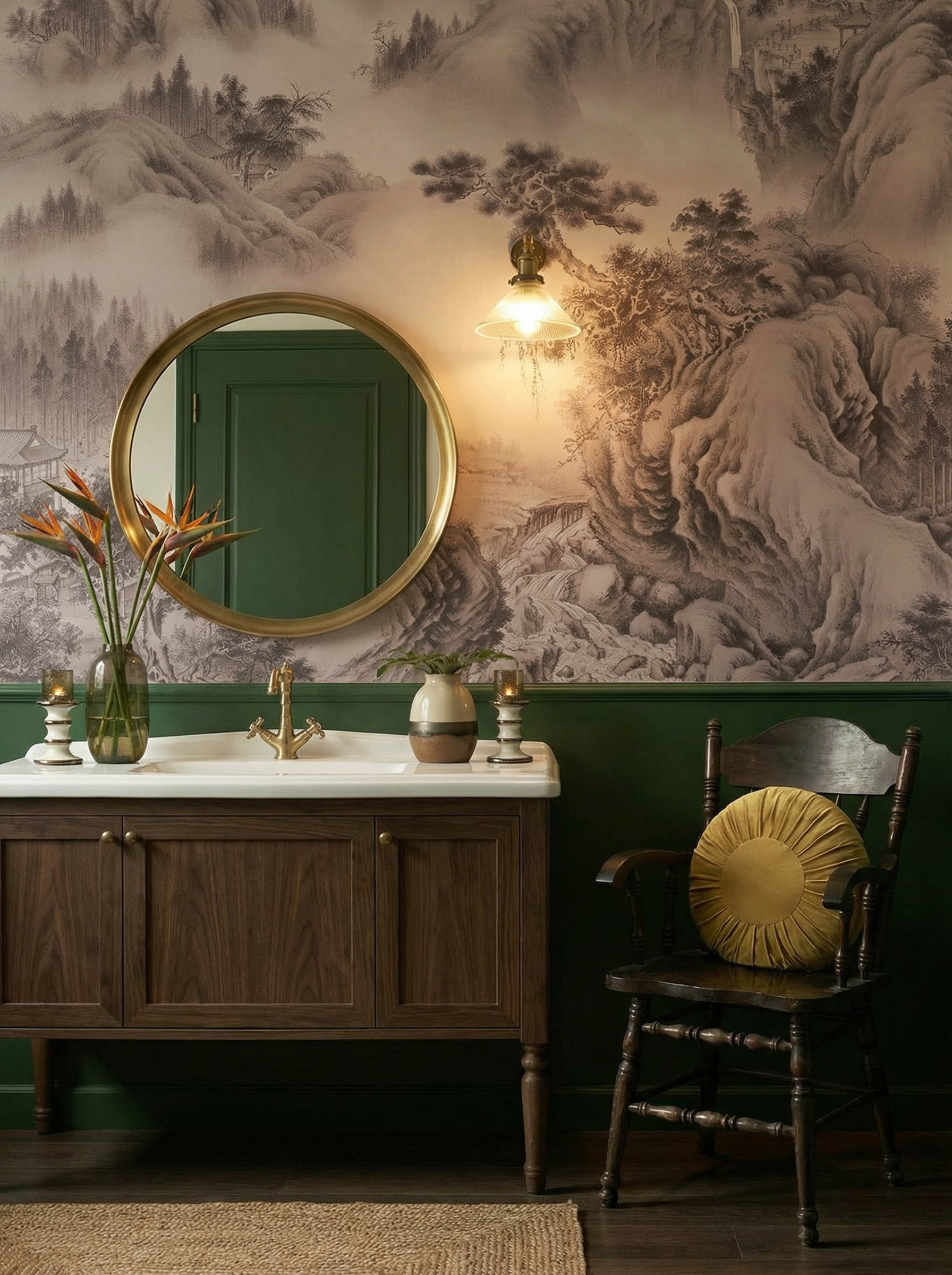 Musee | Misty Peaks Wall Mural Musee custom wall mural featuring a high-definition restoration of a classical Qing Dynasty landscape painting by Giuseppe Castiglione, showing majestic mountains, pine trees, and mist.