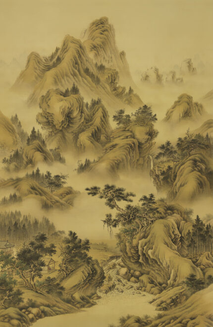 Musee custom wall mural featuring a high-definition restoration of a classical Qing Dynasty landscape painting by Giuseppe Castiglione, showing majestic mountains, pine trees, and mist.