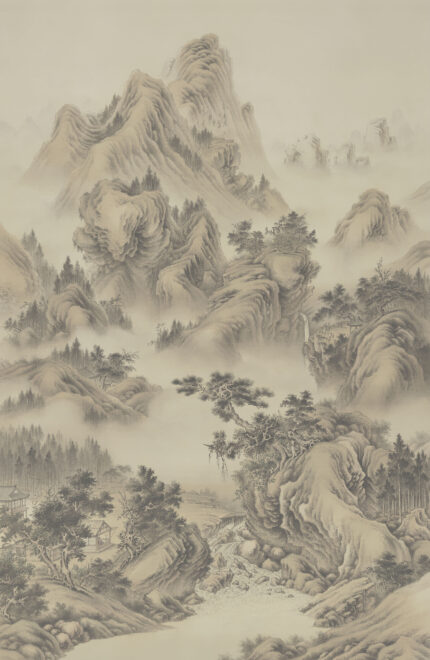 Musee custom wall mural featuring a high-definition restoration of a classical Qing Dynasty landscape painting by Giuseppe Castiglione, showing majestic mountains, pine trees, and mist.