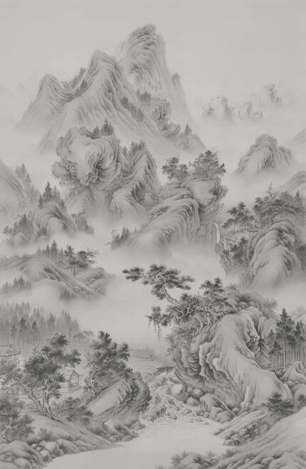 Musee custom wall mural featuring a high-definition restoration of a classical Qing Dynasty landscape painting by Giuseppe Castiglione, showing majestic mountains, pine trees, and mist.