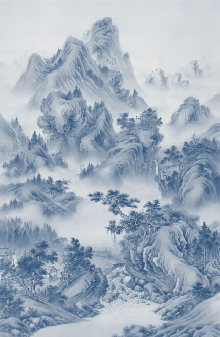 Musee custom wall mural featuring a high-definition restoration of a classical Qing Dynasty landscape painting by Giuseppe Castiglione, showing majestic mountains, pine trees, and mist.