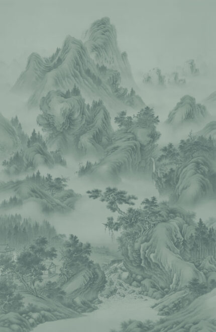 Musee custom wall mural featuring a high-definition restoration of a classical Qing Dynasty landscape painting by Giuseppe Castiglione, showing majestic mountains, pine trees, and mist.
