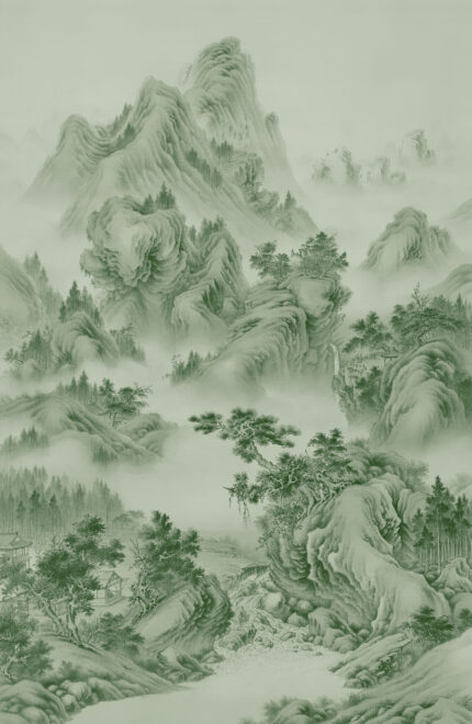 Musee custom wall mural featuring a high-definition restoration of a classical Qing Dynasty landscape painting by Giuseppe Castiglione, showing majestic mountains, pine trees, and mist.