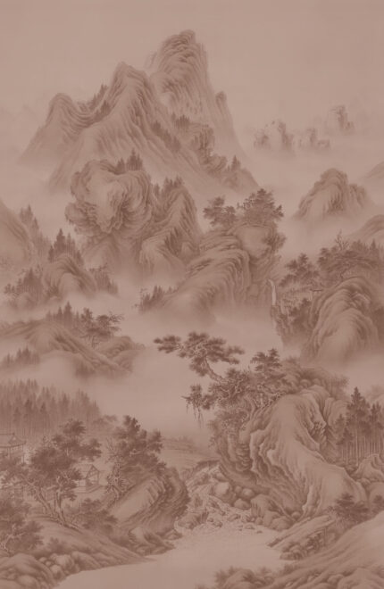 Musee custom wall mural featuring a high-definition restoration of a classical Qing Dynasty landscape painting by Giuseppe Castiglione, showing majestic mountains, pine trees, and mist.