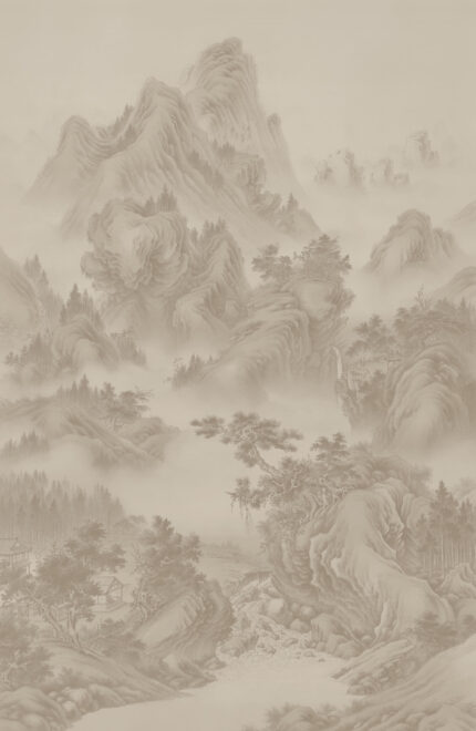 Musee custom wall mural featuring a high-definition restoration of a classical Qing Dynasty landscape painting by Giuseppe Castiglione, showing majestic mountains, pine trees, and mist.
