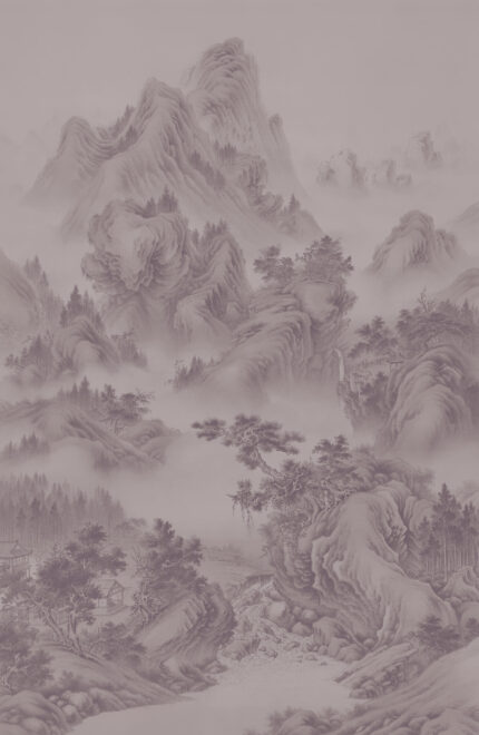 Musee custom wall mural featuring a high-definition restoration of a classical Qing Dynasty landscape painting by Giuseppe Castiglione, showing majestic mountains, pine trees, and mist.