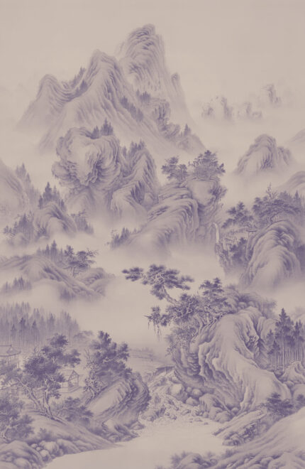 Musee custom wall mural featuring a high-definition restoration of a classical Qing Dynasty landscape painting by Giuseppe Castiglione, showing majestic mountains, pine trees, and mist.