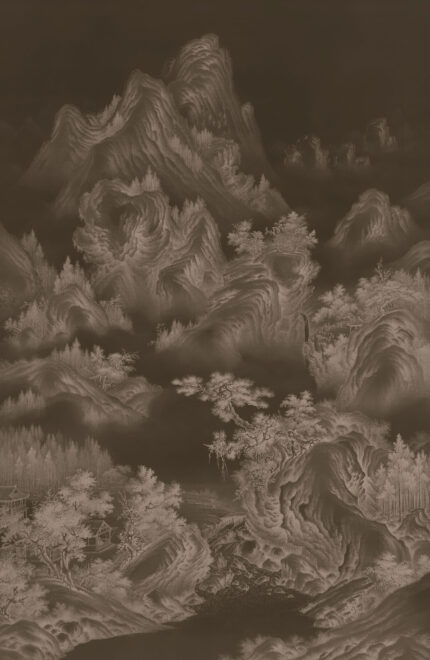 Musee custom wall mural featuring a high-definition restoration of a classical Qing Dynasty landscape painting by Giuseppe Castiglione, showing majestic mountains, pine trees, and mist.