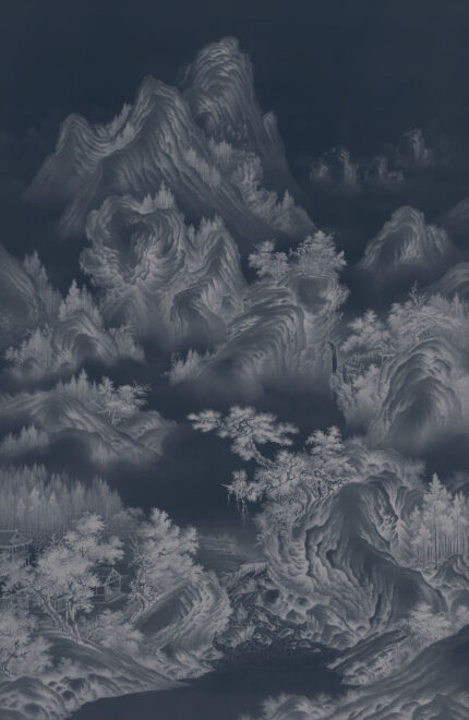 Musee custom wall mural featuring a high-definition restoration of a classical Qing Dynasty landscape painting by Giuseppe Castiglione, showing majestic mountains, pine trees, and mist.