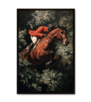 Vintage dynamic equestrian show jumping oil painting with rich green foliage. Luxury framed canvas art for sophisticated homes in the UAE.