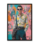 Contemporary fashion portrait painting of a stylish man on a pink abstract background. Modern framed wall art for trendy interiors in Dubai.