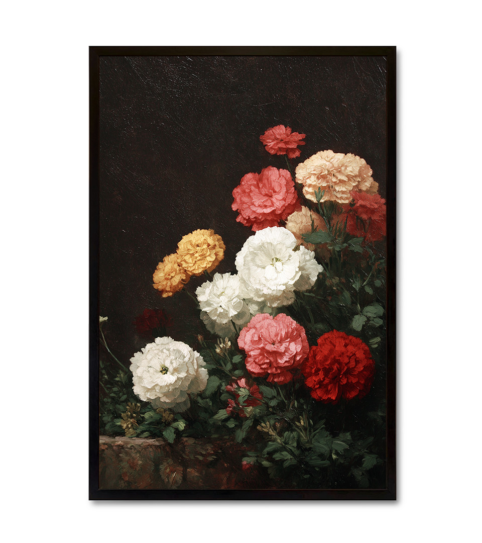 Classic dark moody floral still life painting featuring pink and white blooms. Premium framed wall art for elegant interiors in Dubai.