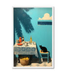 Sunny Mediterranean terrace painting featuring a bright blue wall and a black cat. Contemporary framed art print for modern spaces in Dubai.