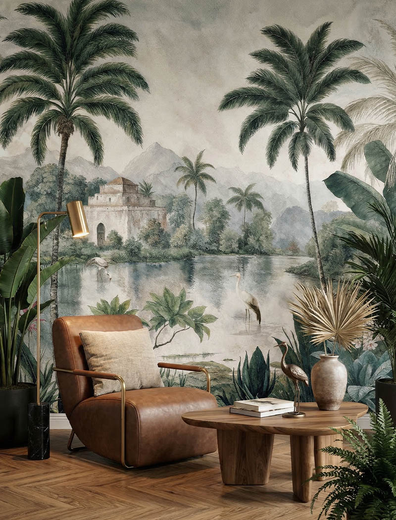 Vintage tropical landscape custom wallpaper mural featuring soft green palm trees and a serene lake. "Tropical Sanctuary Bliss" luxury living room wallcovering in Dubai.
