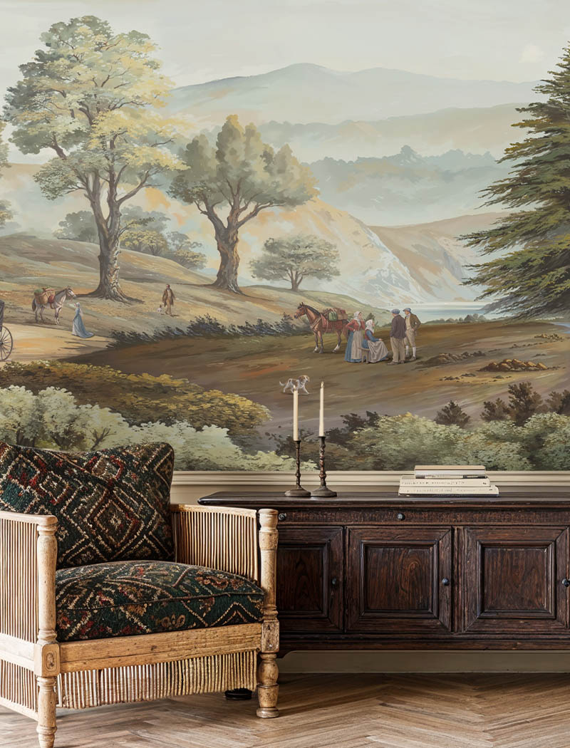 Vintage European countryside landscape custom wallpaper mural with a soft painterly finish. "Riverbend Tales" luxury bespoke wallcovering in Dubai.
